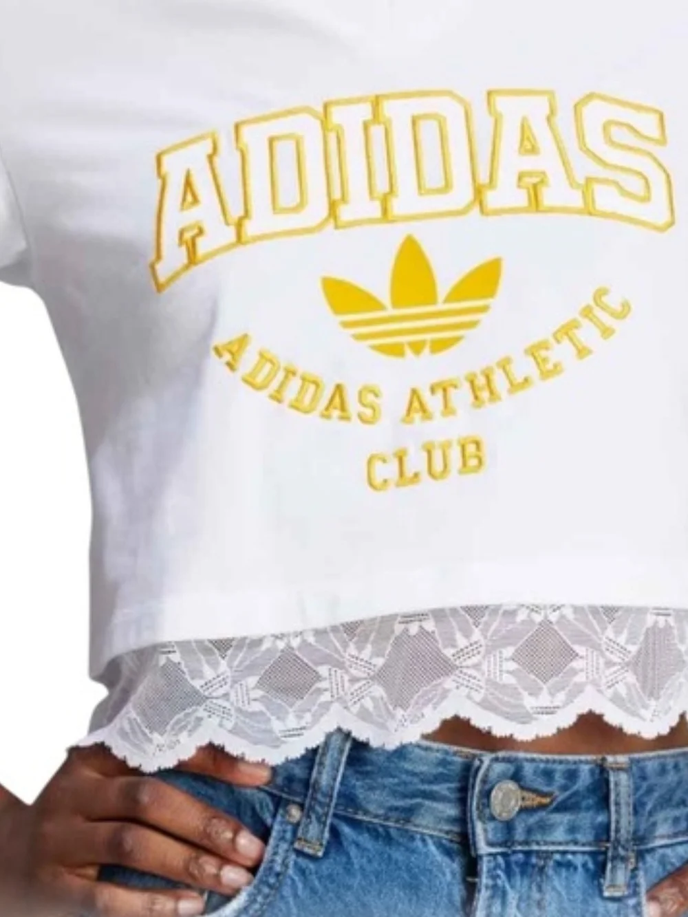 adidas White & Yellow Lace Hem Women V-Neck Logo Tee Size S - Picture 2 of 16